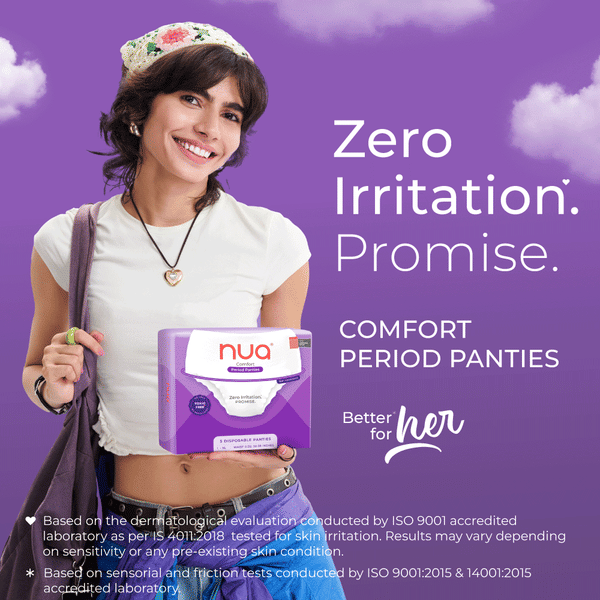 Nua disposable period panties with zero irritation, high absorbency for heavy flow, seamless fit, and soft airy topsheet made of toxic-free materials.