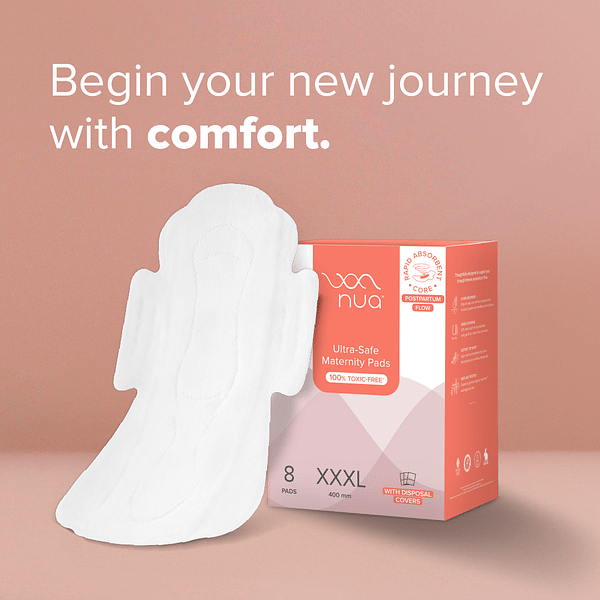 Nua Ultra-Safe Maternity Pads XXXL (400mm) for postpartum comfort, absorbs clots, soft top sheet for added comfort.