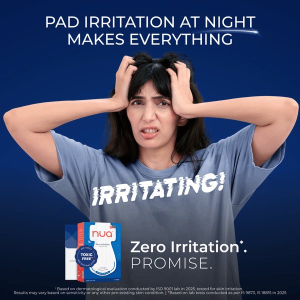 Woman holding Nua Ultra Safe Night Pads pack highlighting Zero Irritation Promise for overnight period protection