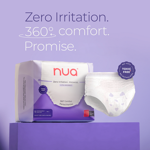 Nua 360° Protection Period Panties for heavy flow, featuring a soft, ultra-absorbent design. These disposable period underwear are toxic-free, and phthalate-free, providing comfort and zero irritation.
