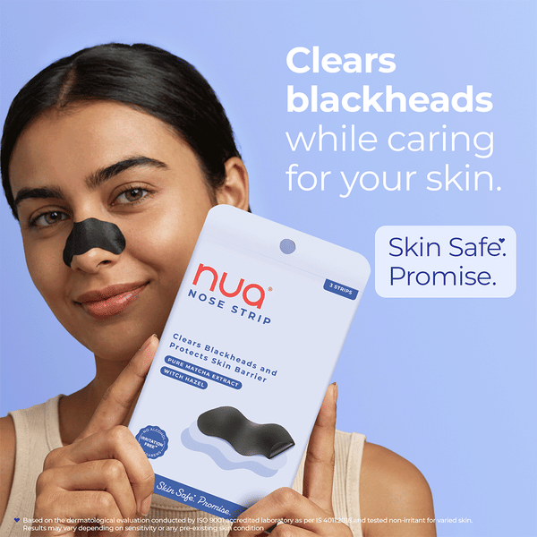 Woman wearing a Nua nose strip and holding the product pack designed for blackhead removal and pore care