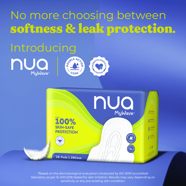 Nua MyWave sanitary pads offering 100% skin-safe protection and rash-free comfort with all-day leak guard