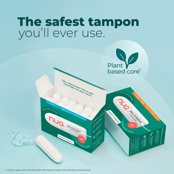 Nua tampons with plant-based core for sensitive skin—safe, easy to use tampons with rapid absorption and zero irritation.