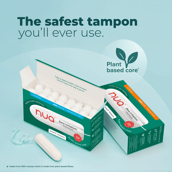 Nua tampons with plant-based core for sensitive skin—safe, easy to use tampons with rapid absorption and zero irritation.
