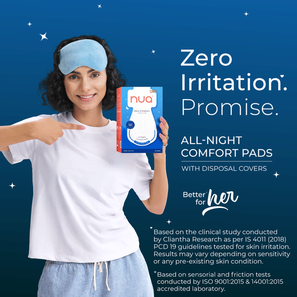 Nua overnight sanitary pads pack with Zero Irritation Promise and 4x comfort, designed for all-night protection with breathable, skin-friendly materials.