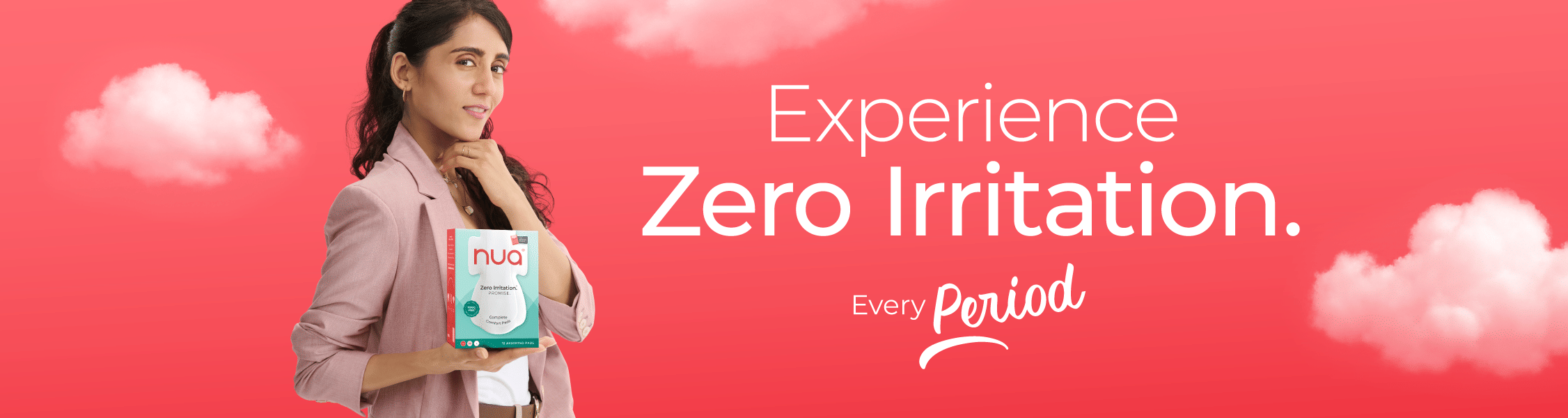 Nua Zero Irritation Period Care desktop banner with ultra-soft sanitary pads and period panties