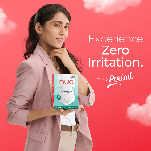 Nua Zero Irritation Period Care mobile banner showing pads and period products for sensitive skin